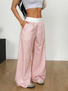 Flirla Women's Striped Patchwork Contrast Color Pants - Dusty Pink - View 3