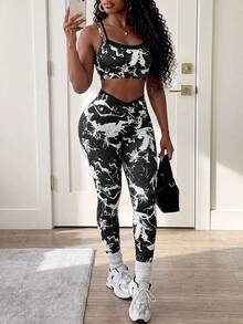 Zolique 2026 Spring/Summer New All-Over Print Cropped Camisole Top And Leggings Sports Set - Black and White - View 3