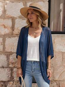 EMERY ROSE Women's Plain Color Batwing Sleeve Loose Casual Open Front Short Jacket, Summer In Fall/Winter - Navy Blue - View 5