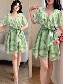 Celisse Semi-Transparent Ruffle Trim Collar Short Dress Digital Print - Aqua Green - View 1