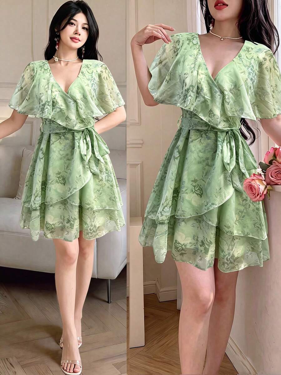 Celisse Semi-Transparent Ruffle Trim Collar Short Dress Digital Print - Aqua Green - View 1