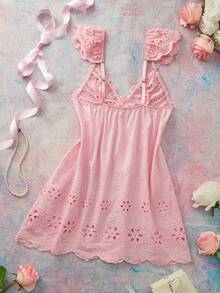 Elorette Pink Embroidered Flutter Sleeve A-Line Hem Loose Bow Bohemian Romantic Pastoral Women's Nightgown - Pink - View 2
