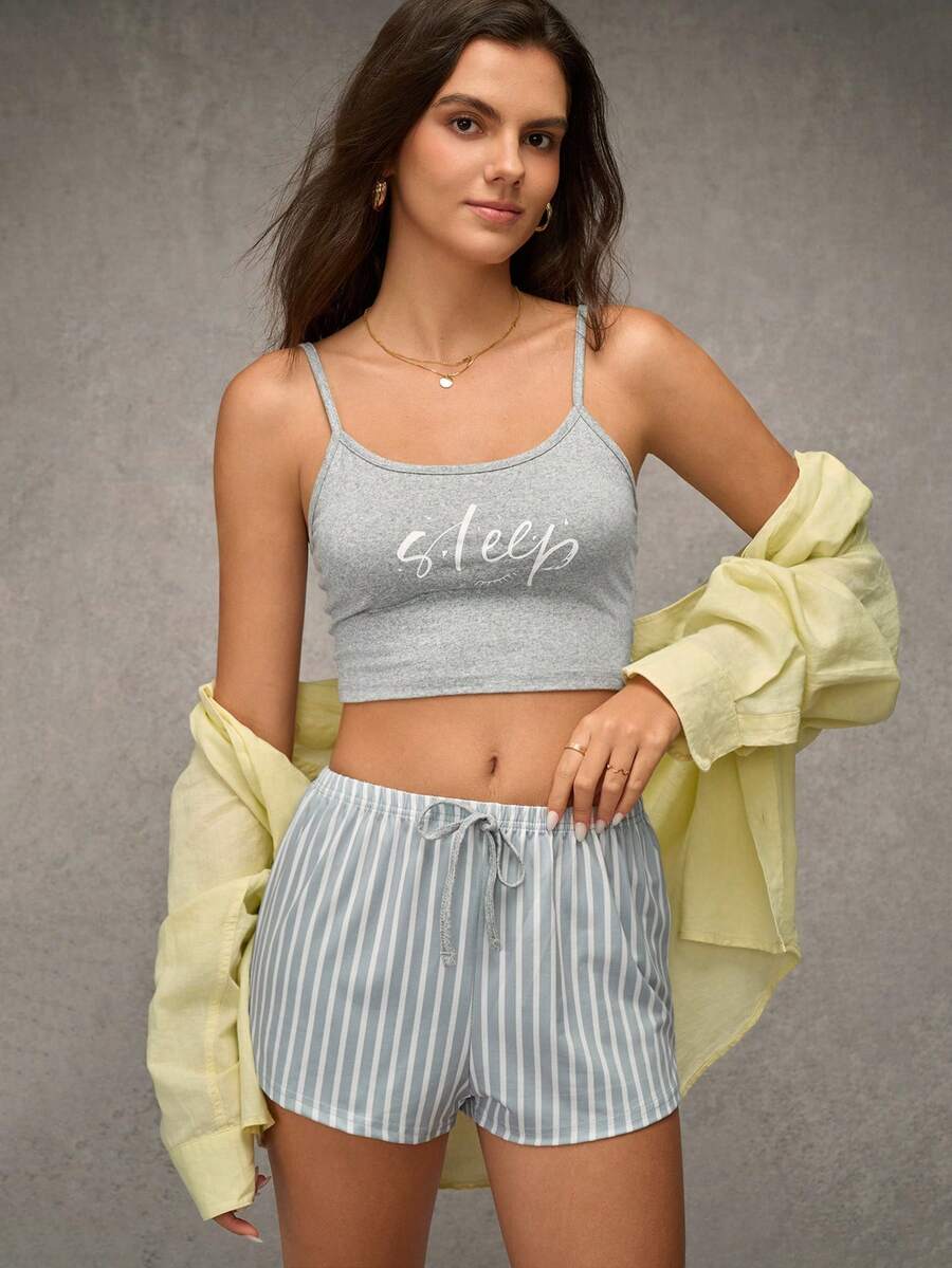 Esseday Conjunto de pijama con estampado de letras y rayas con cintura ajustable, conjunto de pijama para la temporada navideña - Gris Claro - Ver 1