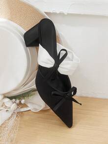 CUCCOO HITCHD French Elegant Pointed Toe Thick Heel Closed Toe Women's Bow Design Sense High Heel Mules Shoes Commuting Versatile Sandals - Black - View 7