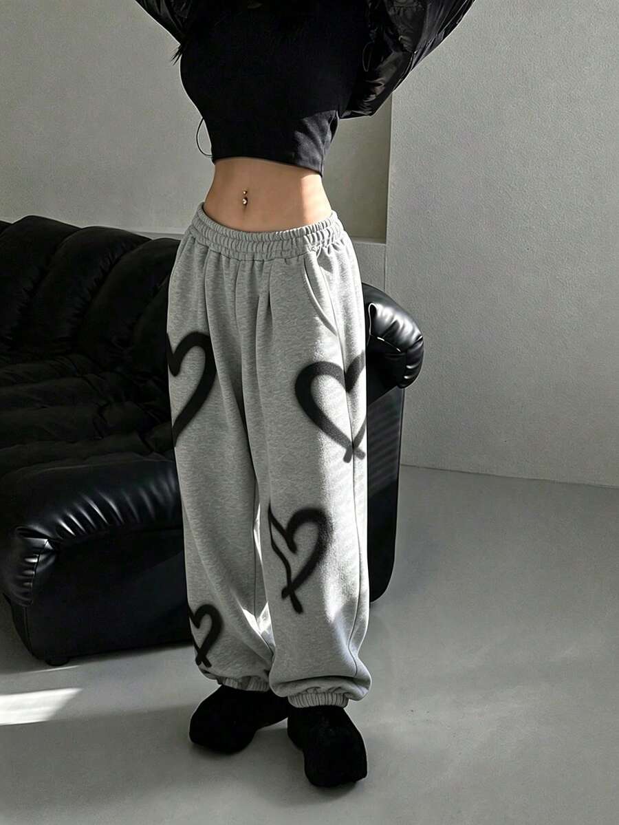 INAWLY Solva Women's Elastic Waist Heart Print Loose Casual Sweatpants - Light Grey - View 1