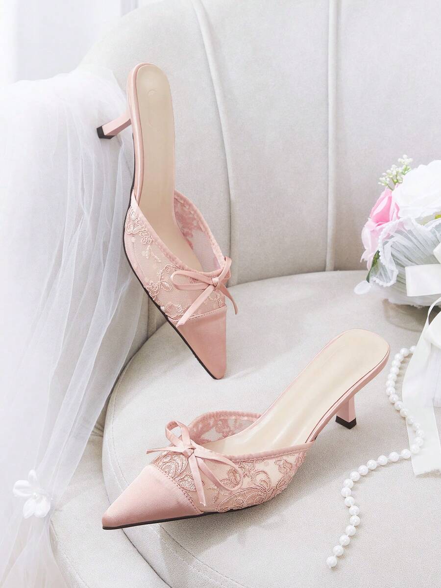 CUCCOO HITCHD Ladies' Fashion Pink Floral Mesh With Elegant Bow Pointed Toe Stiletto High Heel Shoes Spring Wedding Season Fall Shoes - Pink - View 1