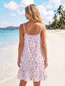 SHEIN LUNE Women's Printed Mini Ruffle Hem Cami Dress Beach Vacation Pink Floral Summer Tropical Sexy Jamican - Multicolor - View 2