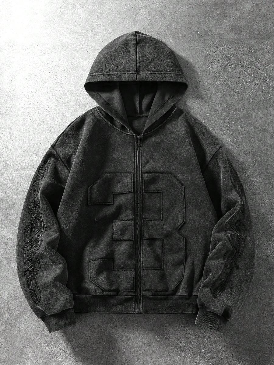 ROMWE MEN Men's Heavyweight Vintage Washed Patchwork Embroidered Letter Graphic Hooded Sweatshirt - Black - View 1