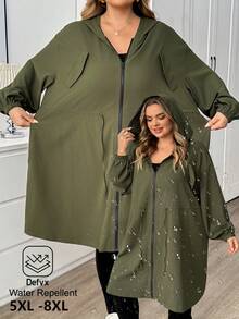 SHEIN CURVE+ 大尺碼純色連帽拉鍊休閒長袖夾克，2026 秋冬 22W - 綠色 - 查看 8