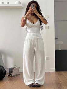 Coolane 女款白色夏季休閒沙灘褲 波西米亞復古純棉彈性腰帶紋理中腰寬鬆款 適合鄉村音樂會度假 - 白色 - 查看 7