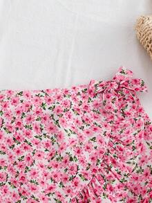SHEIN 女童针织纯色圆领休闲背心和碎花迷你裙两件套 - 咖啡棕 - 查看 6