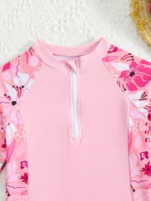 SHEIN 女童分體式坦克比基尼泳衣，粉色花卉插肩袖前拉鍊兩件式泳裝，防曬，甜美女孩海灘度假夏季派對休閒泳衣 - 粉色 - 查看 4