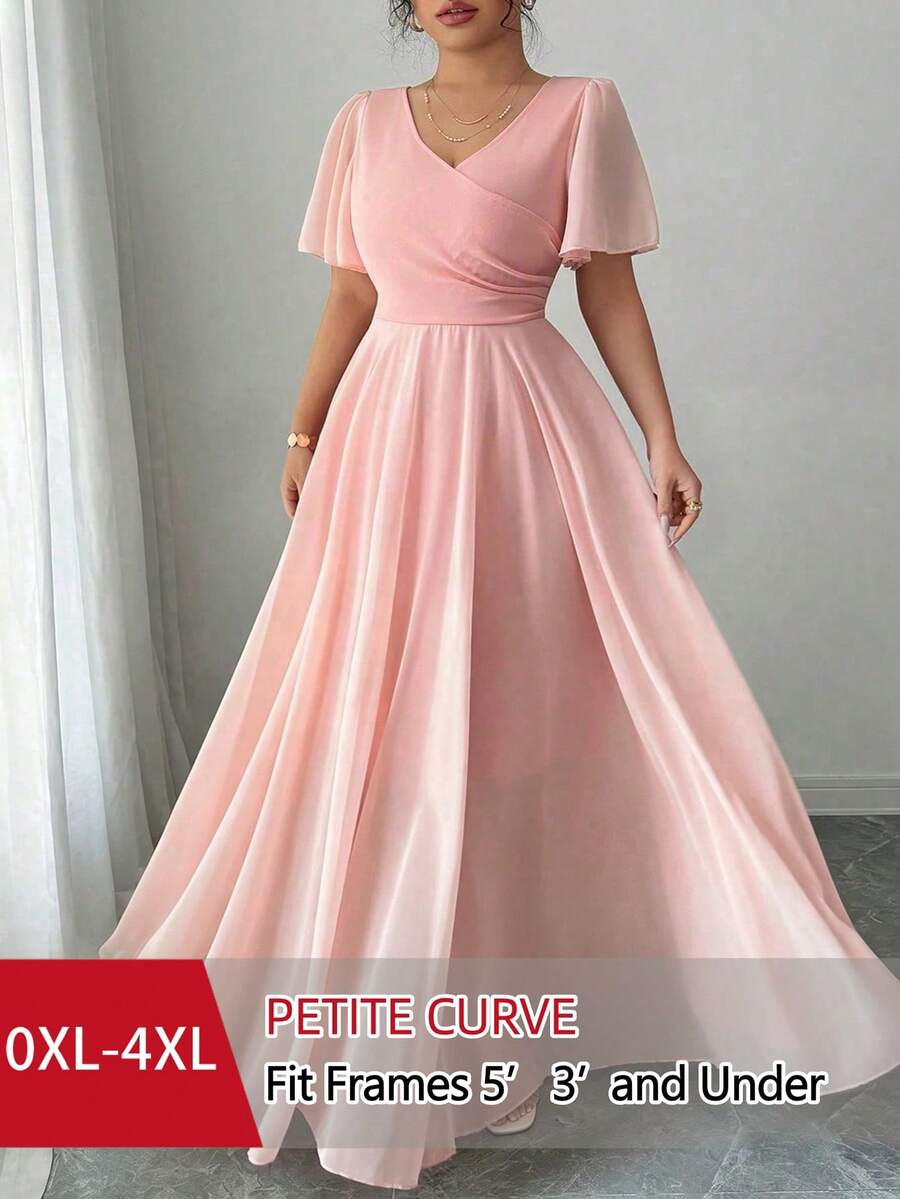 SHEIN PETITE CURVE 大码短款女士春夏新款柔软优雅V领雪纺连衣裙，泡泡袖收腰长裙。适合浪漫婚礼、花园派对、情人节装扮、红毯活动、高雅音乐节、轻柔嘉年华和正式场合：柔美优雅的时尚风格，简约大码女装。 - 粉色 - 查看 1
