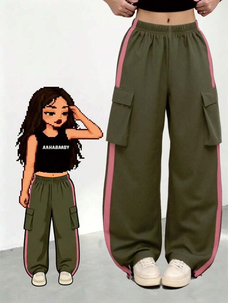 SHEIN Tween Girls Colorblock Elastic Waist Loose Cargo Pants, Fall, Casual, Back To School, Outfit - Army Green - View 1
