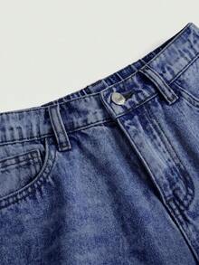 SHEIN Girlism Tween女孩休閒日常牛仔長褲，附口袋與鈕扣 - 深色水洗藍 - 查看 3