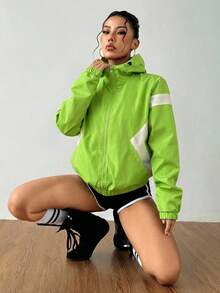 Exploreva 女士休闲日常撞色拉链连帽运动户外夹克 - 綠色 - 查看 7