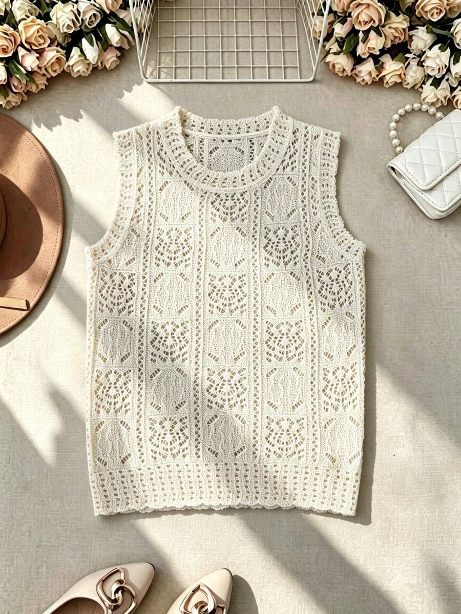 SHEIN Franclia 女款純色圓領休閒百搭日常針織上衣 - 白色 - 查看 1