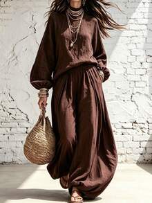 Breezaya Fall Outfit 2 Pieces Set, Casual Boho, High Neck Long Sleeve Loose Top And Loose Lantern Pants, Outdoor Vacation Wear, Chocolate Brown - Brown - View 2
