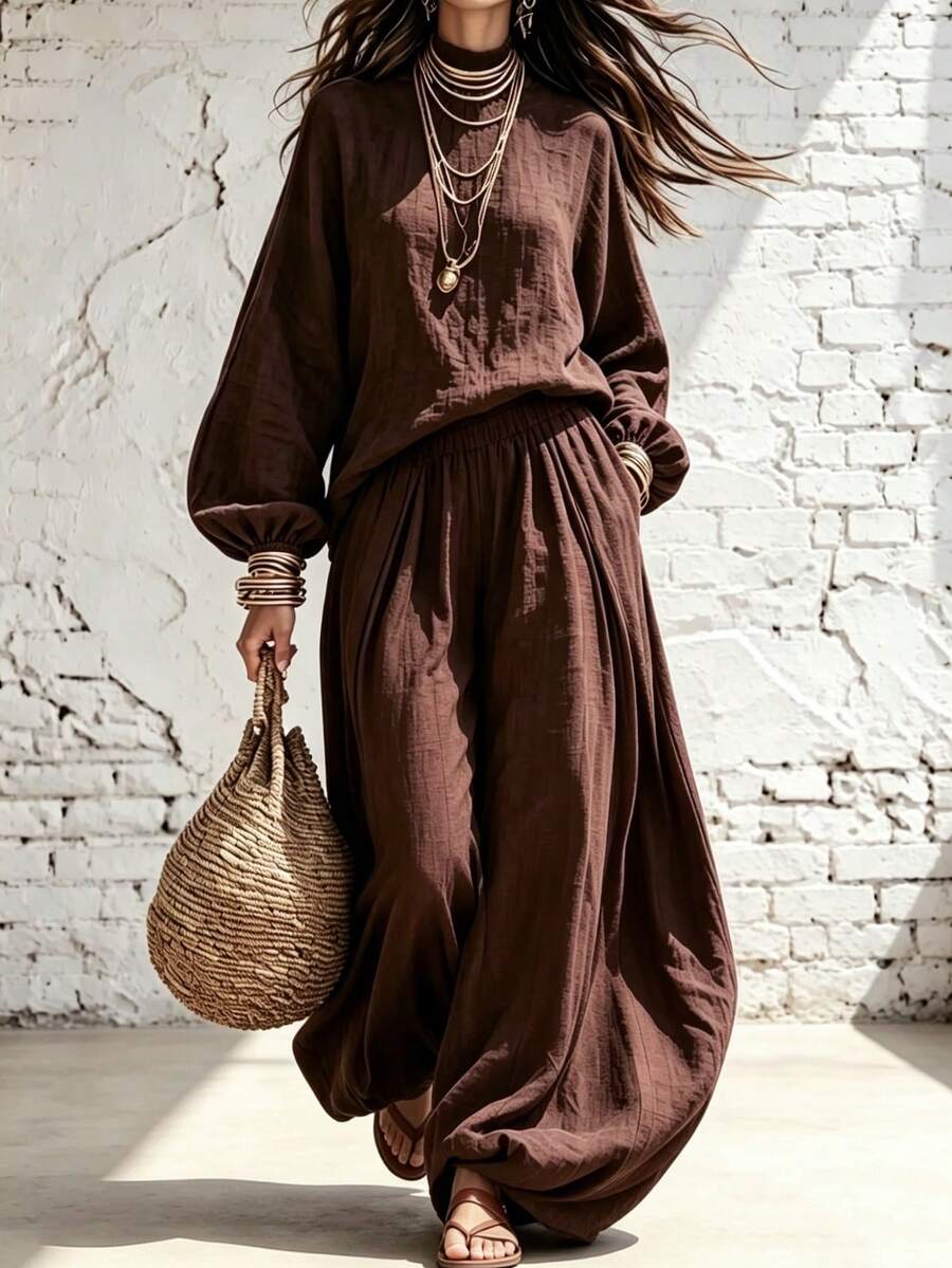 Breezaya Fall Outfit 2 Pieces Set, Casual Boho, High Neck Long Sleeve Loose Top And Loose Lantern Pants, Outdoor Vacation Wear, Chocolate Brown