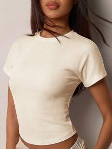 COSMINA Women's Solid Color Casual Versatile Daily Wear T-Shirt - Apricot - View 5
