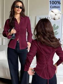 SHEIN EZwear 100%純棉酒紅色女款休閒百搭前鈕扣後收腰修身長袖襯衫，適合秋冬穿著 - 酒紅色 - 查看 11