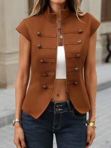Brillora Women's Short "New Chinese Style" Jacket Mandarin Collar Button Closures Napoleon-Style Suitable For Work Going Out Summer Brown Smart Casual - Brown - View 4
