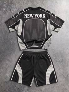 Gym Rark Men's Star Stripe Pattern Print Colorblock Crew Neck T-Shirt And Drawstring Waist Pocket Shorts Sports Set, Gym - Multicolor - View 2