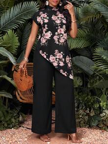 SHEIN Lady 中年女性波點不對稱下擺上衣與寬腿褲套裝 - 彩色 - 查看 9
