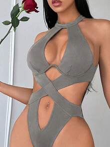 SHEIN SXY 性感露背吊带连体衣 - 深灰色 - 查看 4