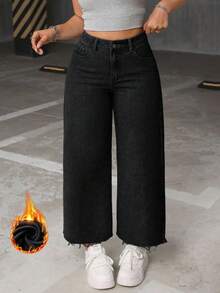 Jeanoix Plus Size Casual Traditional Versatile Baggy Jeans With Frayed Hem Black Summer - Black - View 3