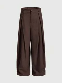 EASEVO Pantalones de pierna curva de unicolor para hombre de talla grande estilo commuter - Café integral - Ver 2