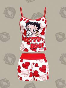 Betty Boop x SHEIN Women's White Camisole Top & Shorts Two Pieces Set, Workout Sets, Red Two Pieces Set, Heart Pattern, Polka Dot Pattern, Retro Girl Pattern, Cartoon, And Casual, Versatile, Daily, Summer - Red - View 1