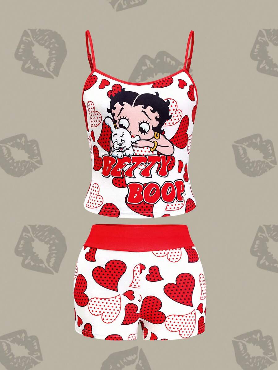 Betty Boop x SHEIN Women's White Camisole Top & Shorts Two Pieces Set, Workout Sets, Red Two Pieces Set, Heart Pattern, Polka Dot Pattern, Retro Girl Pattern, Cartoon, And Casual, Versatile, Daily, Summer - Red - View 1