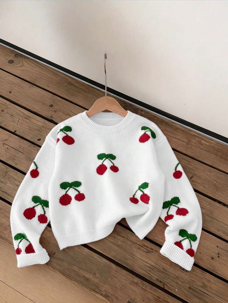 SHEIN Genkimix Kids Girls Cherry Print Knit Sweater, Soft Cozy Pullover, Cute Casual Loose Fit Long Sleeve Top For Children, Everyday Wear, Soft Comfortable - White - View 5