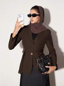 Heiryn Women Solid Color Lapel Long Sleeve Side Knot Blazer Back To School In Fall/Winter - Chocolate Brown - View 1