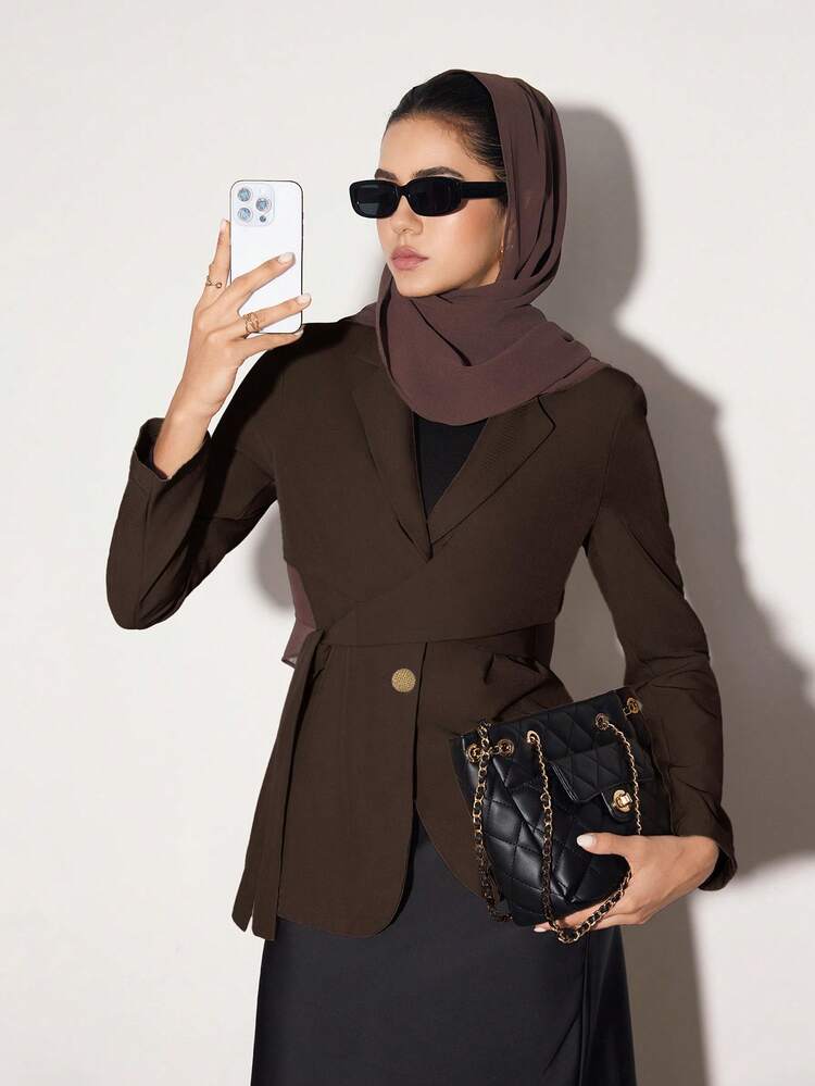 Heiryn Blazer de mujer de unicolor con solapa, manga larga y nudo lateral, para volver a la escuela en otoño/invierno - Marrón Chocolate - Añade 1