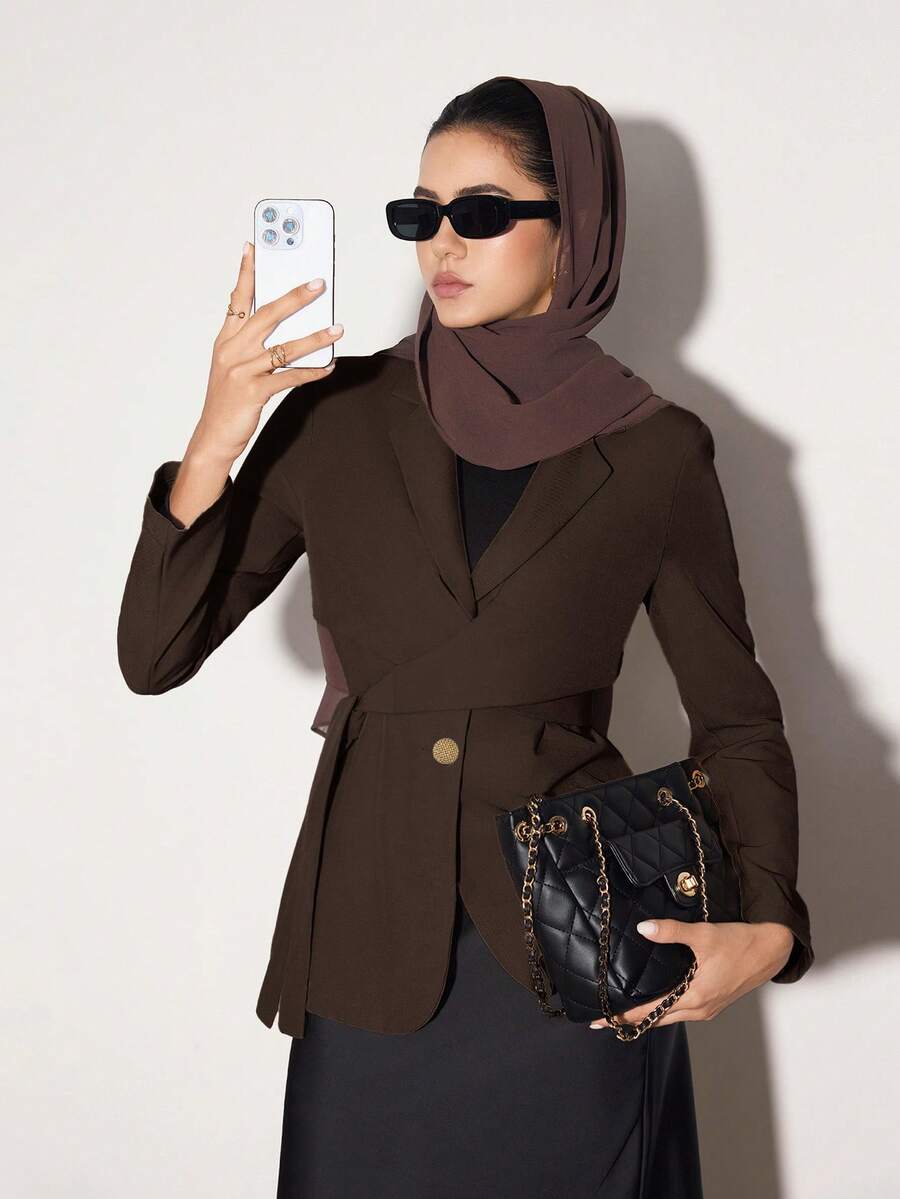 Heiryn Women Solid Color Lapel Long Sleeve Side Knot Blazer Back To School In Fall/Winter - Chocolate Brown - View 1