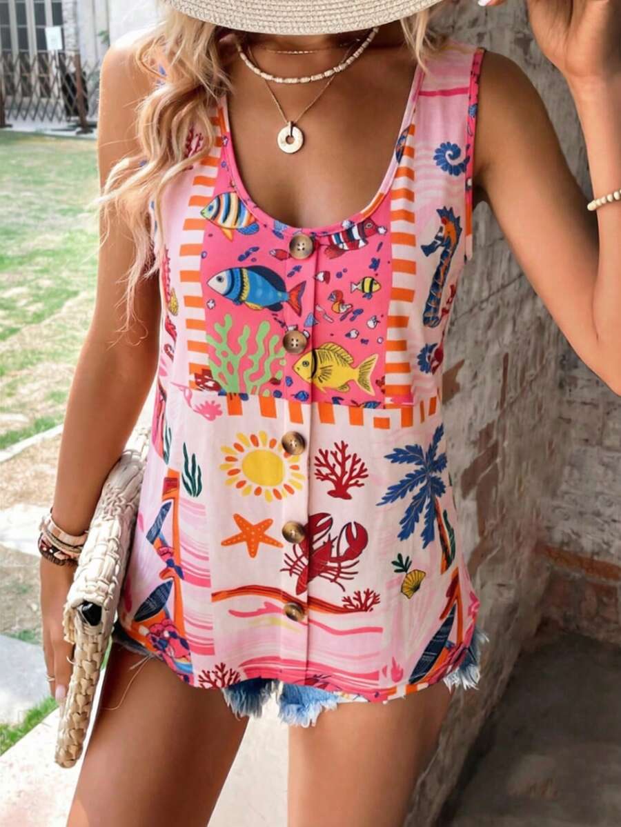 RIVANDRE Women's Palm Tree Starfish Pattern Single-Breasted Casual Tropical Vest Beach Vacation Pink Tropical Summer