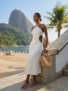 CAJUNI Vestido de vacaciones para mujer con bordado, calado, plisado, cuello halter y lazo en la cintura - Crema - Ver 3