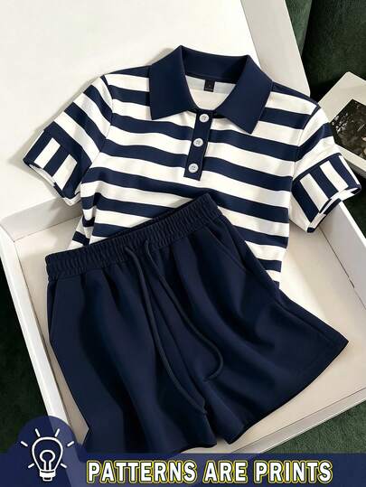 Resyla Ensemble 2 pièces femme, Top à col polo rayé à manches courtes et short, style décontracté, pour l'été