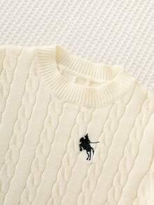PrepCrw Kids Young Boy Knit Solid Color Cable Knit Crew Neck Casual Autumn Winter Sweater, Classic Stripes, Small Horse Logo - Beige - View 4