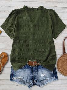 SHEIN CURVE+ Plus Size Women's Solid Textured V-Neck Short Sleeve Casual Regular Shirt, Suitable For Outings And Vacations, Spring/Summer Tops - Army Green - View 2