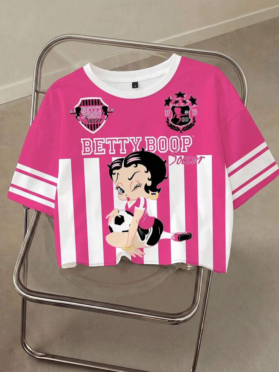 Betty Boop x SHEIN 女式休闲拼色卡通图案圆领短袖T恤,夏季 - 白色 - 查看 1