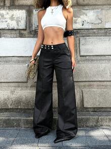 Jeanoix Y2K Women's Fashion Black Wide Leg Long Pants - Black - View 7