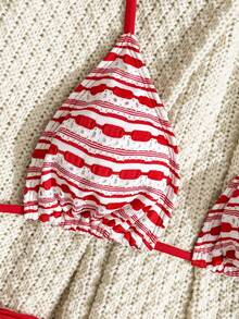 Sunnyshic New Spring/Summer Red & White Distressed Textured Fabric Side Knot High Cut Halter Neck Mini Bikini 3-Piece Set Women's Swimwear For Beach, Cruise, Vacation, Afternoon Tea - Multicolor - View 4