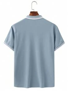 Manfinity Homme Kemeja Polo Lengan Pendek Kasual Pria Ukuran Besar dengan Desain Blok Warna untuk Perjalanan Sehari-hari - Dusty Blue - View 2