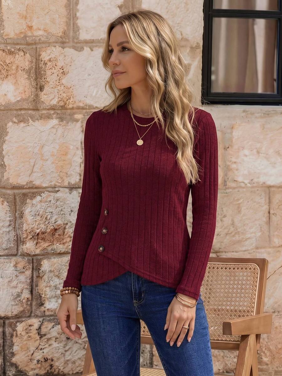 EMERY ROSE Women's Casual Solid Color Round Neck Fitted T-Shirts - Burgundy - View 1