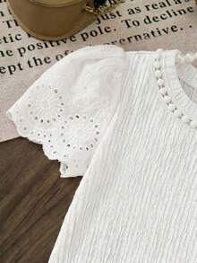 SHEIN LMoss Kids LMoss Young Girl Knitted Solid Color Round Neck Lace Ruffle Trim Fitted T-Shirt - White - View 5