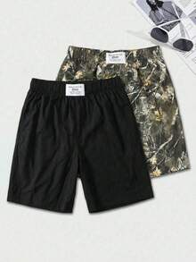 SHEIN 2件/組買1送1青少年男孩休閒葉子印花圖案短褲套裝，Y2K，夏季短褲，夏季，夏季服裝，適用於春季/夏季，外出，情人節，約會，旅行，度假，家庭聚會，返校，婚禮，晚宴，運動，生日派對 - 彩色 - 查看 3