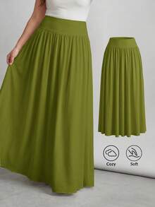 SHEIN Tall CURVE 大尺碼休閒純色超長裙 - 軍綠色 - 查看 7